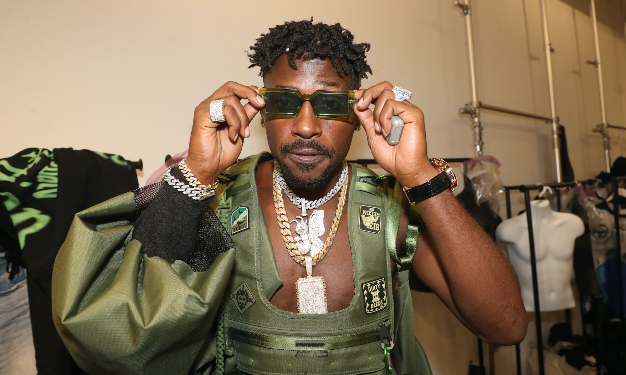 Antonio "AB" Brown poses during SprayGround 2022 Pop Up Fashion Show at Times Square on September 08, 2022 in New York City.