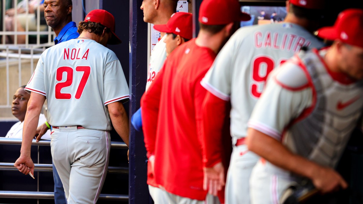 ATLANTA, GA - SEPTEMBER 17: Aaron Nola #27 of the Philadelphia Phillies walks back to the clubhouse before a game against the Atlanta Braves at Truist Park on September 17, 2022 in Atlanta, Georgia. (Photo by Casey Sykes/Getty Images)