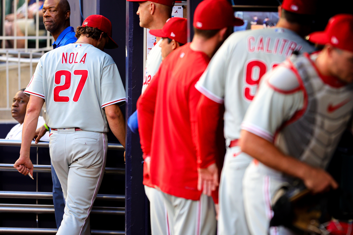 ATLANTA, GA - SEPTEMBER 17: Aaron Nola #27 of the Philadelphia Phillies walks back to the clubhouse before a game against the Atlanta Braves at Truist Park on September 17, 2022 in Atlanta, Georgia. (Photo by Casey Sykes/Getty Images)