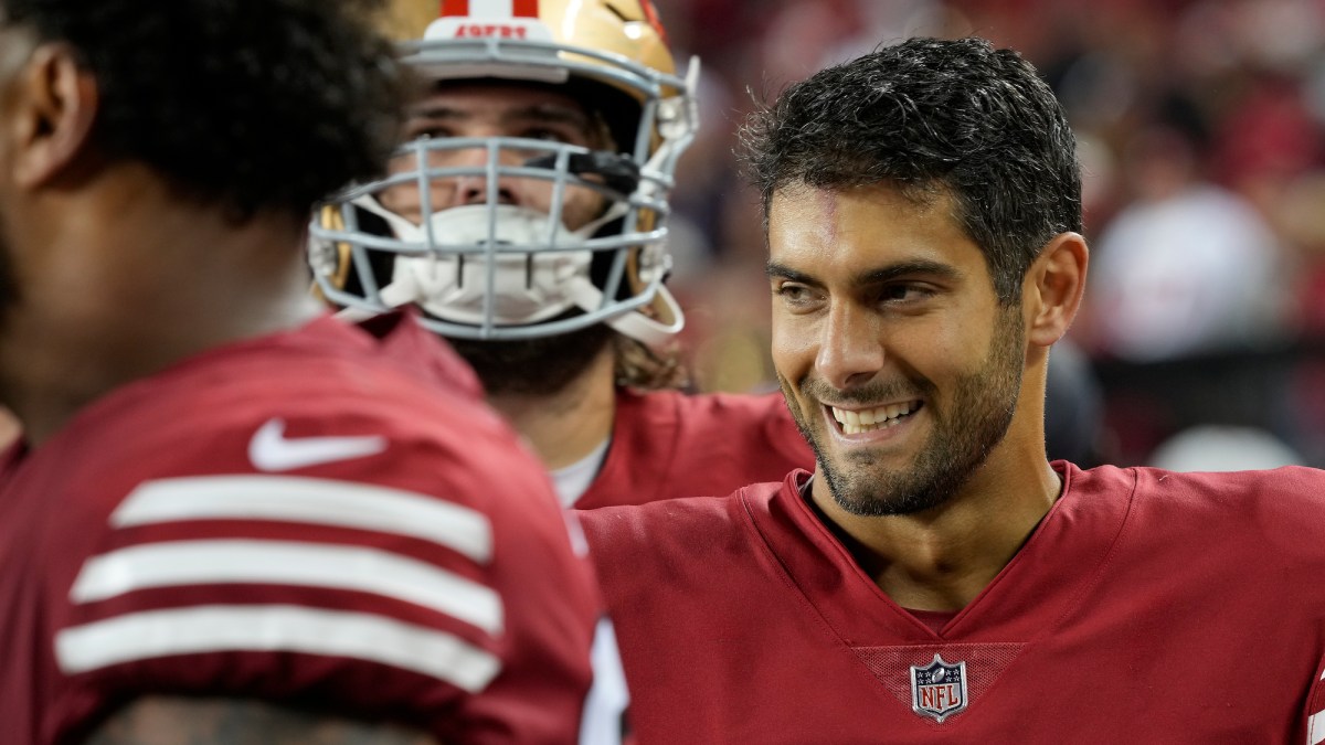 SANTA CLARA, CALIFORNIA - OCTOBER 03: Quarterback Jimmy Garoppolo #10 of the San Francisco 49ers looks on after defeating the Los Angeles Rams at Levi's Stadium on October 03, 2022 in Santa Clara, California. (Photo by Thearon W. Henderson/Getty Images)