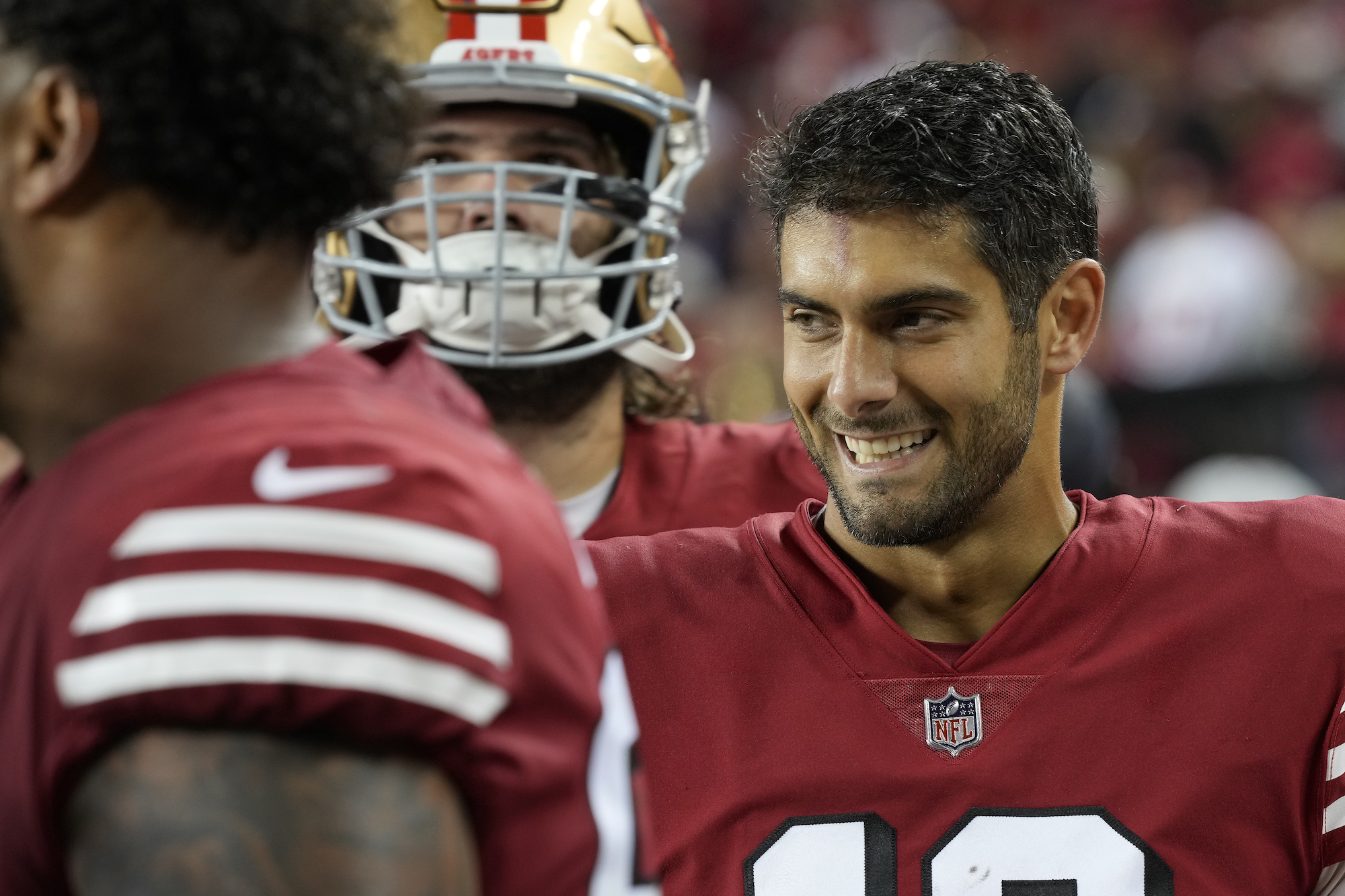 SANTA CLARA, CALIFORNIA - OCTOBER 03: Quarterback Jimmy Garoppolo #10 of the San Francisco 49ers looks on after defeating the Los Angeles Rams at Levi's Stadium on October 03, 2022 in Santa Clara, California. (Photo by Thearon W. Henderson/Getty Images)