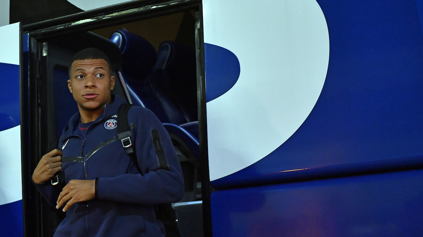 Kylian Mbappe of Paris Saint-Germain arrives to the stadium for the Ligue 1 match between Stade Reims and Paris Saint-Germain at Stade Auguste Delaune on October 08, 2022 in Reims, France.