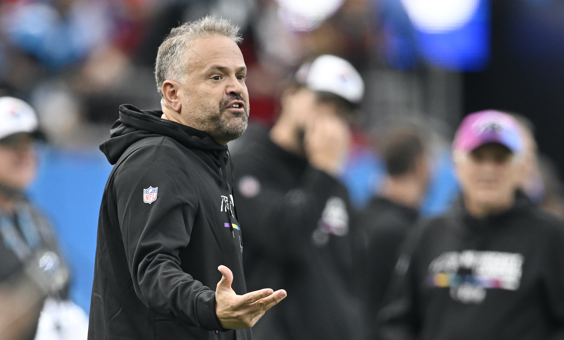 Head coach Matt Rhule of the Carolina Panthers talks with officials during the second quarter of the game against the San Francisco 49ers at Bank of America Stadium on October 09, 2022 in Charlotte, North Carolina.