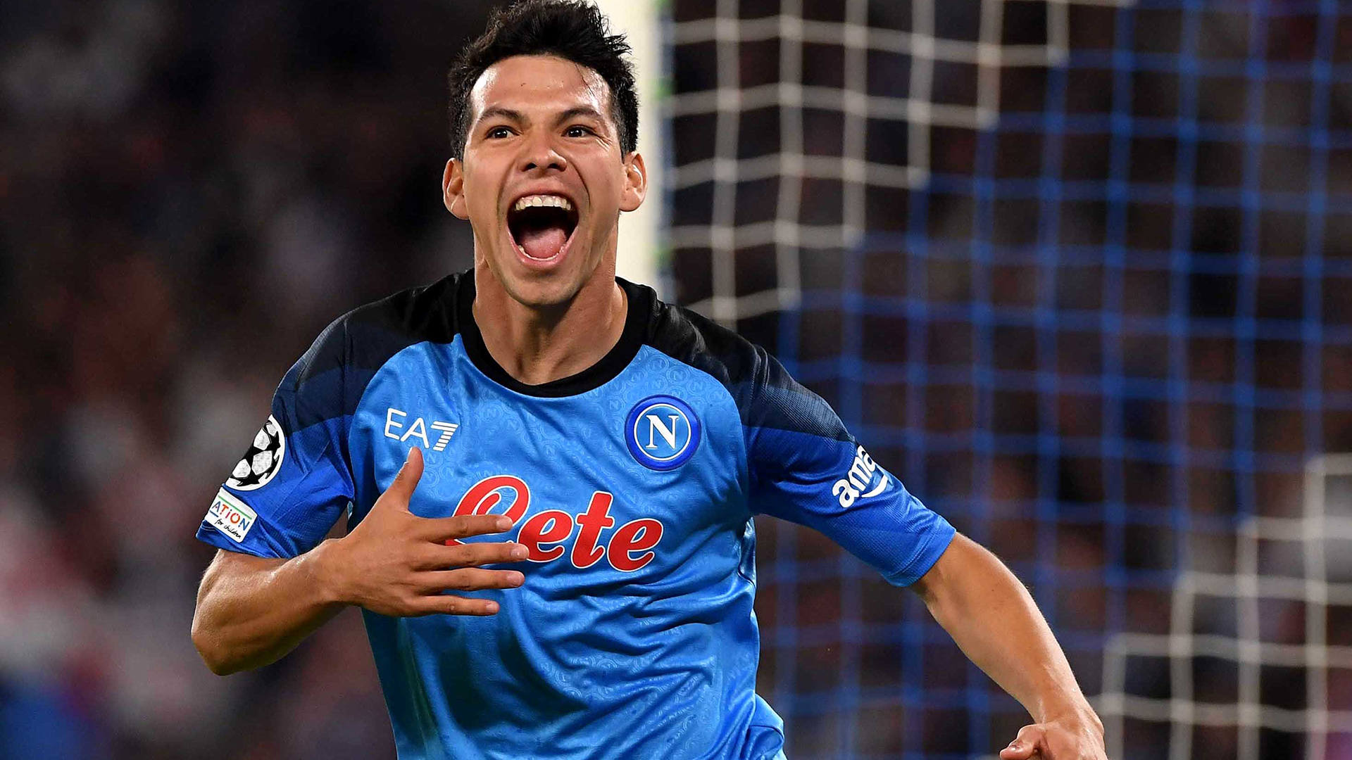 Hirving Lozano of Napoli celebrates after scoring the first goal for Napoli during the UEFA Champions League group A match between SSC Napoli and AFC Ajax at Stadio Diego Armando Maradona on October 12, 2022 in Naples, Italy.