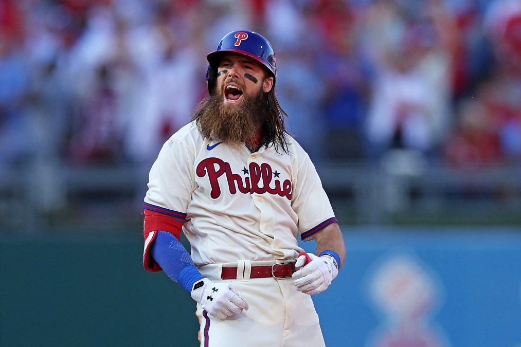 Brandon Marsh exults wetly after doubling in the Phillies' NLDS win against the Braves.