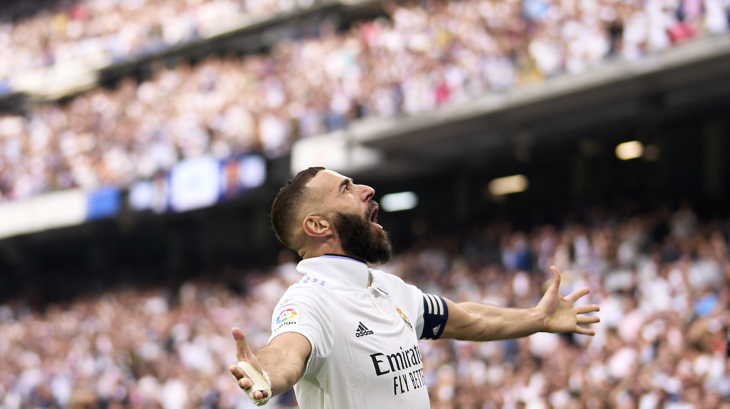 Karim Benzema of Real Madrid CF celebrates a goal prior to the referee cancelling the goal during the LaLiga Santander match between Real Madrid CF and FC Barcelona at Estadio Santiago Bernabeu on October 16, 2022 in Madrid, Spain.