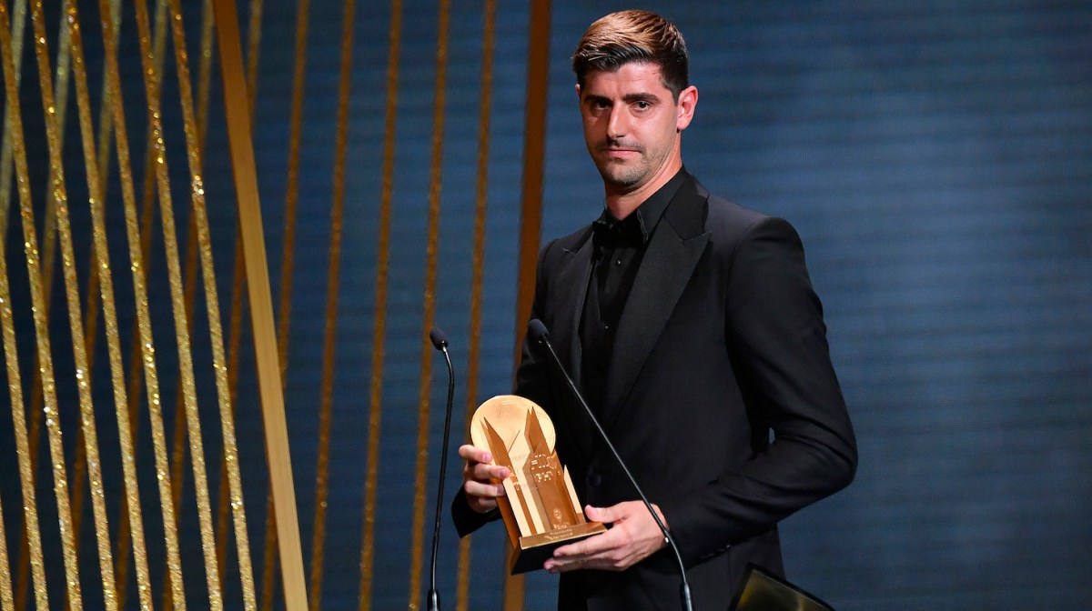Thibaut Courtois receives the Yashin Trophy for best goalkeeper during the Ballon D'Or ceremony at Theatre Du Chatelet In Paris on October 17, 2022 in Paris, France.