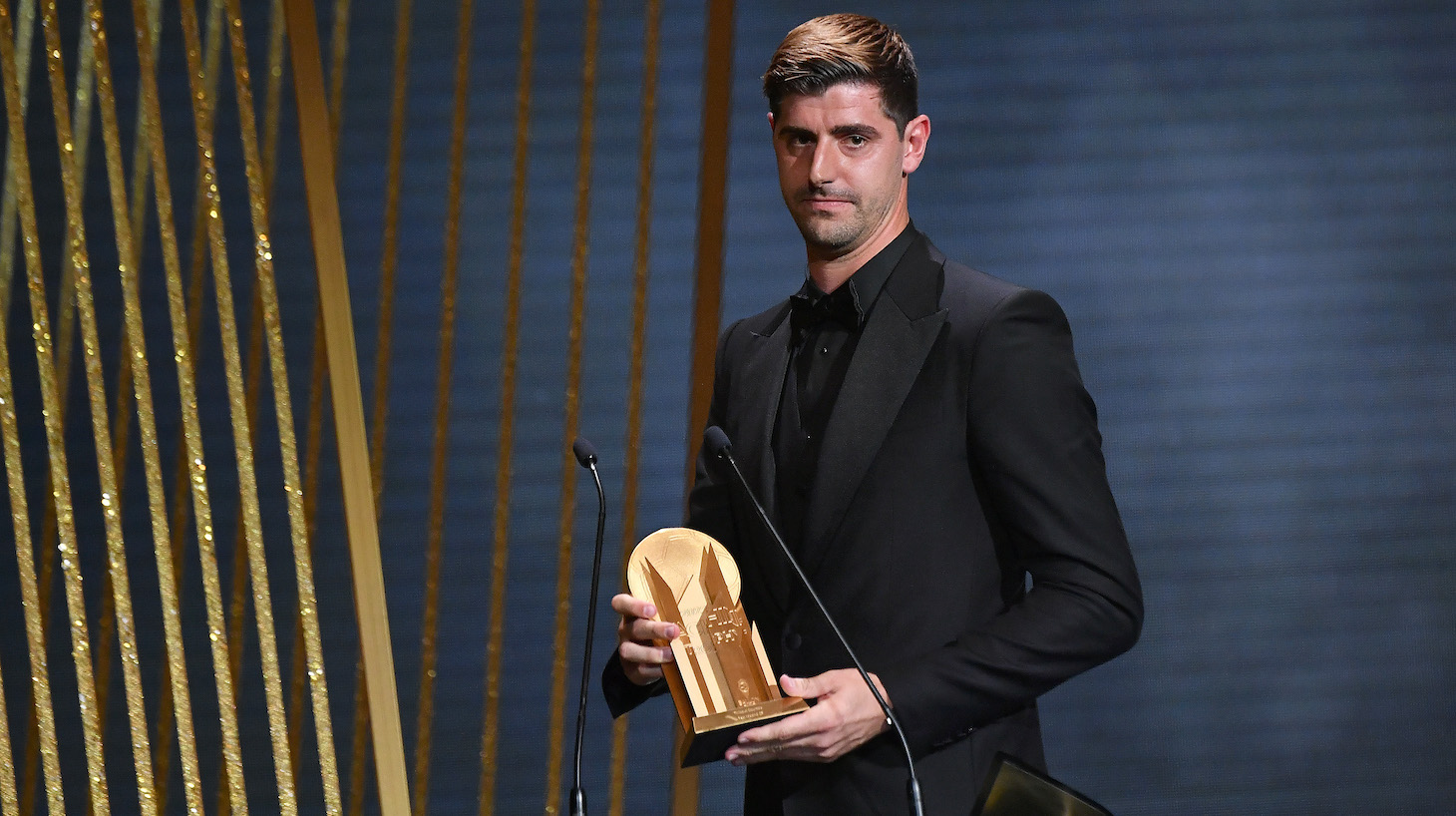 Thibaut Courtois receives the Yashin Trophy for best goalkeeper during the Ballon D'Or ceremony at Theatre Du Chatelet In Paris on October 17, 2022 in Paris, France.