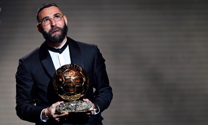 Karim Benzema receives the Ballon d'Or award during the Ballon D'Or ceremony at Theatre Du Chatelet In Paris on October 17, 2022 in Paris, France.
