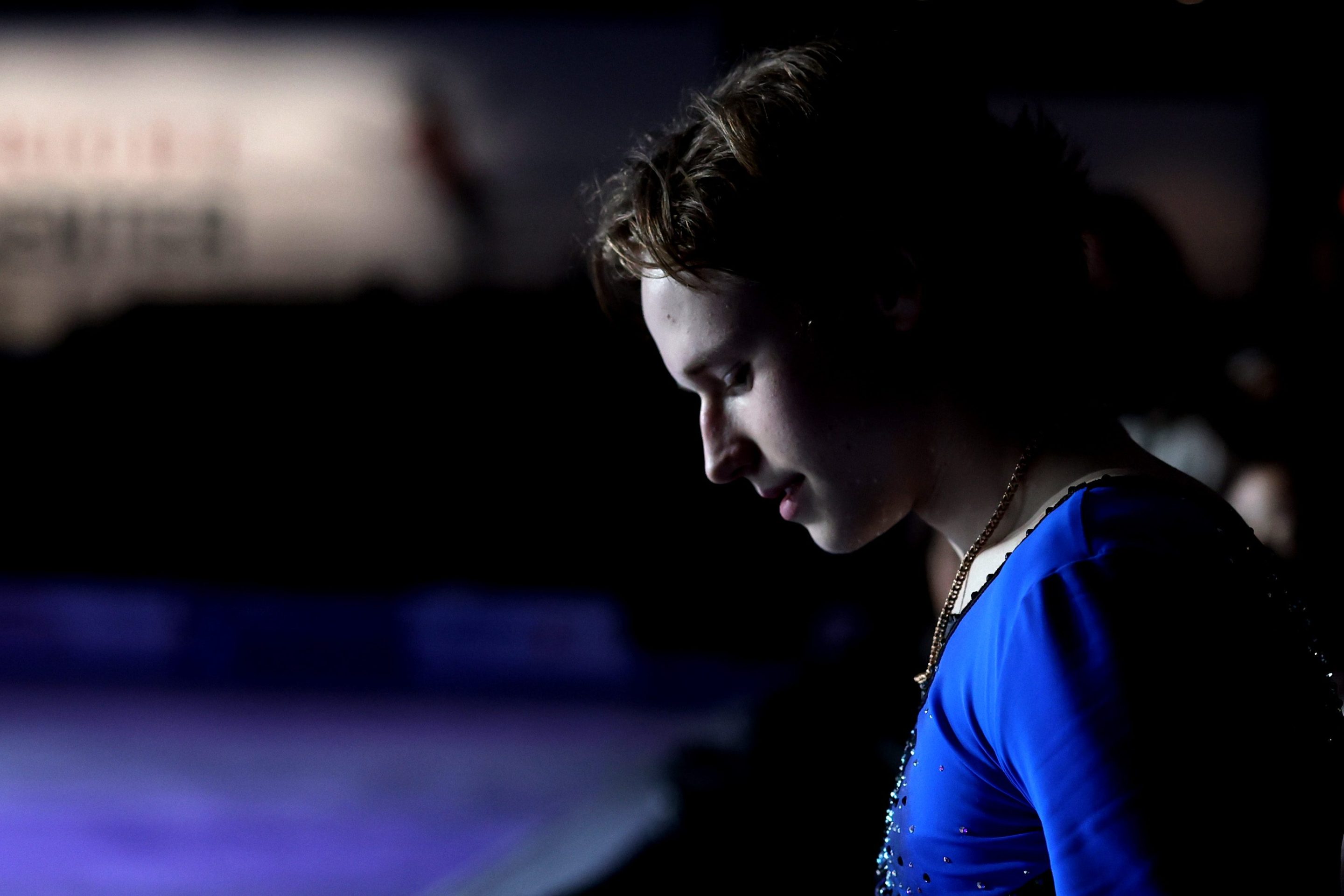 Ilia Malinin of the United States prepares to take the ice to recieve his gold medal in the ISU Grand Prix of Figure Skating - Skate America at The Skating Club of Boston on October 22, 2022 in Norwood, Massachusetts.