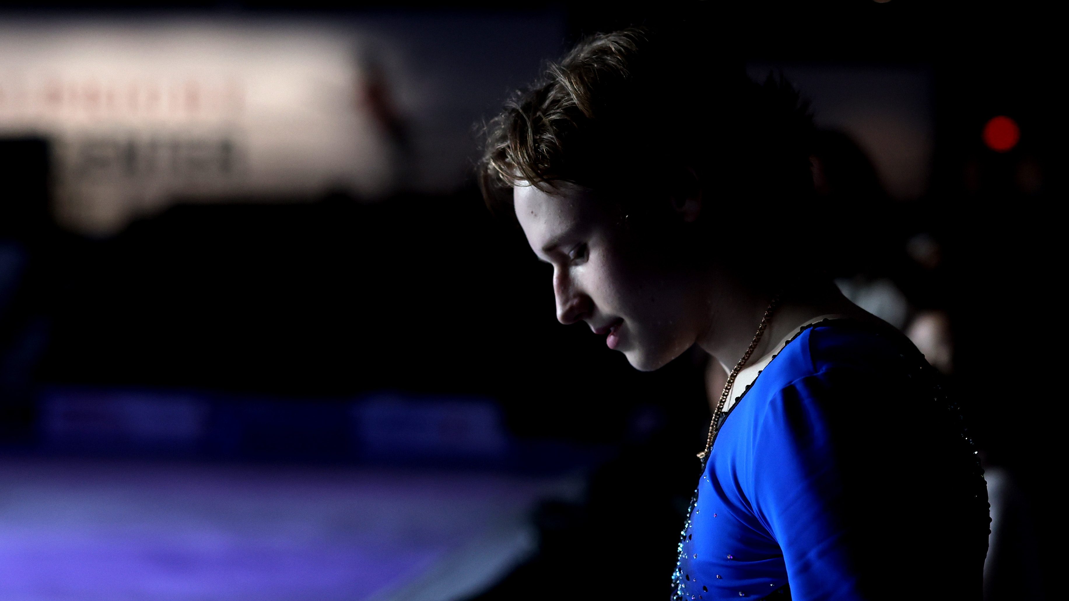 Ilia Malinin of the United States prepares to take the ice to recieve his gold medal in the ISU Grand Prix of Figure Skating - Skate America at The Skating Club of Boston on October 22, 2022 in Norwood, Massachusetts.