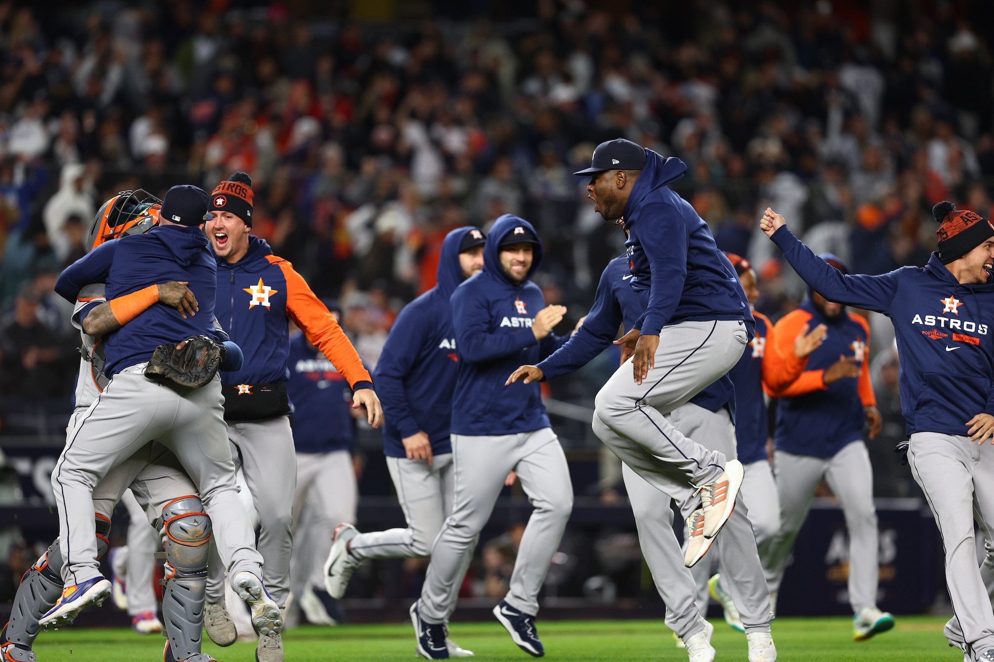 NEW YORK, NEW YORK - OCTOBER 23: The Houston Astros celebrate after defeating the New York Yankees in game four to win the American League Championship Series at Yankee Stadium on October 23, 2022 in the Bronx borough of New York City. (Photo by Elsa/Getty Images)