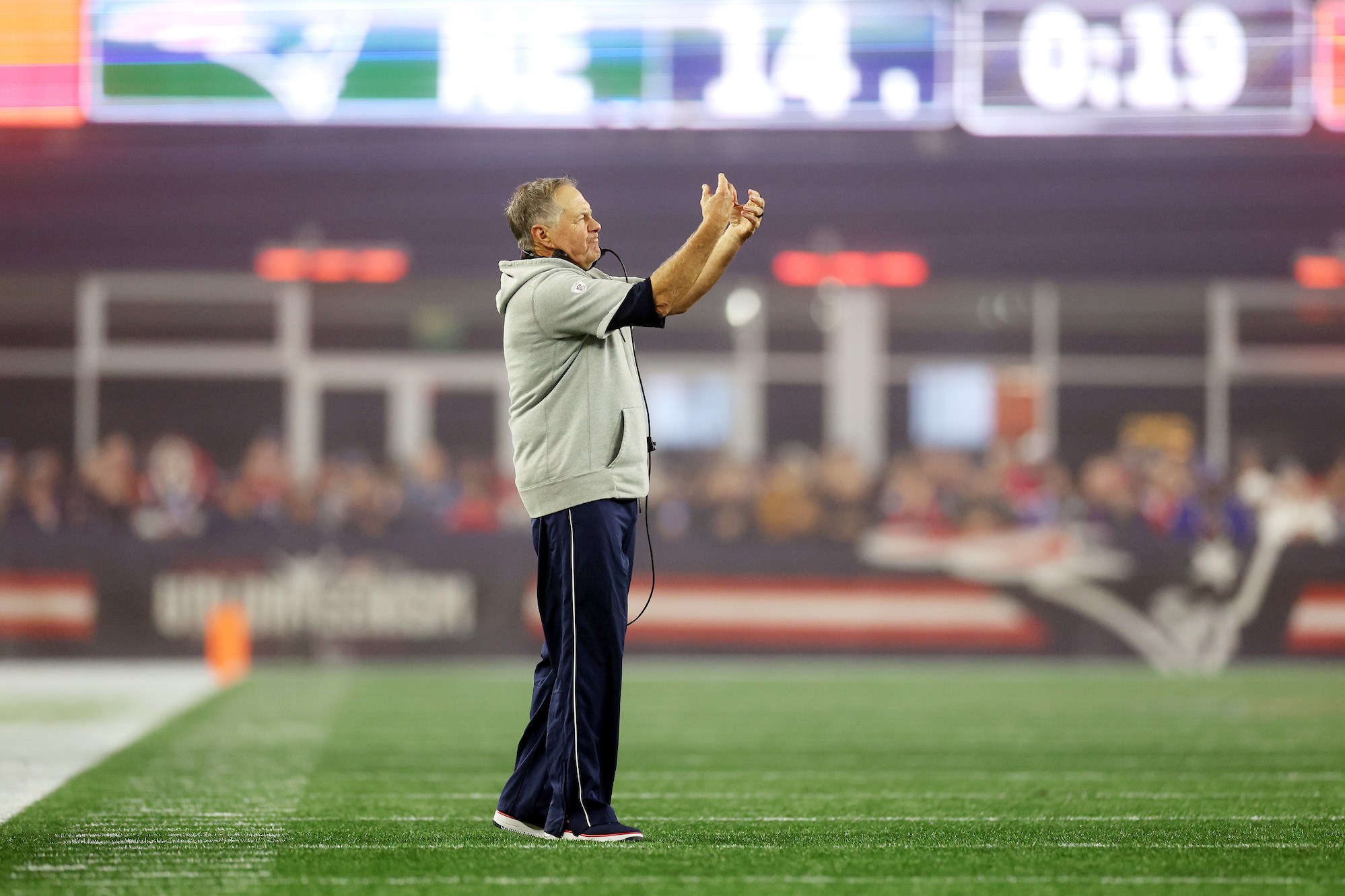 FOXBOROUGH, MASSACHUSETTS - OCTOBER 24: Head coach Bill Belichick of the New England Patriots reacts during the first half against the Chicago Bears at Gillette Stadium on October 24, 2022 in Foxborough, Massachusetts. (Photo by Maddie Meyer/Getty Images)