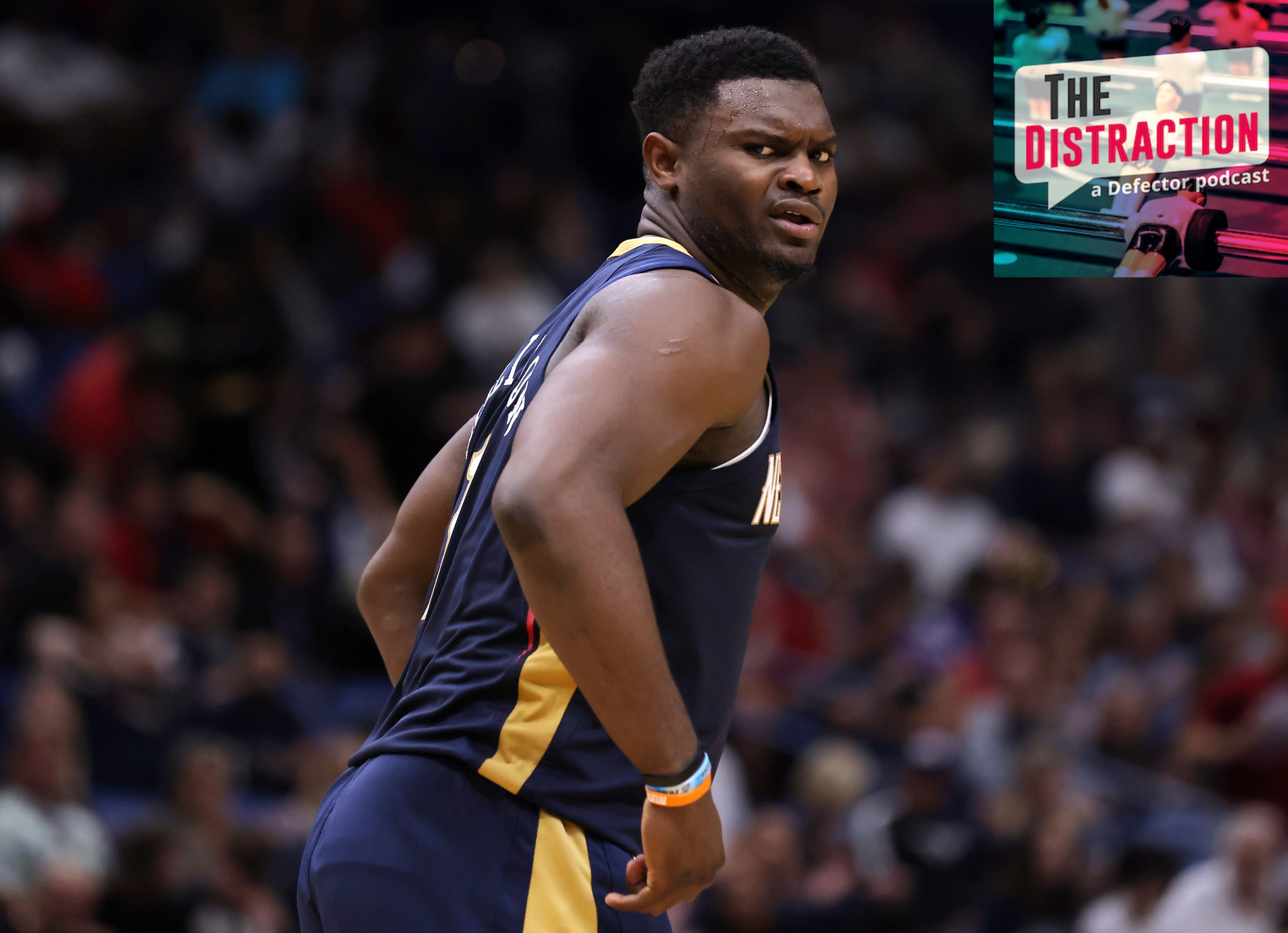 Zion Williamson casts a skeptical look at officials in a New Orleans Pelicans game in October of 2022.