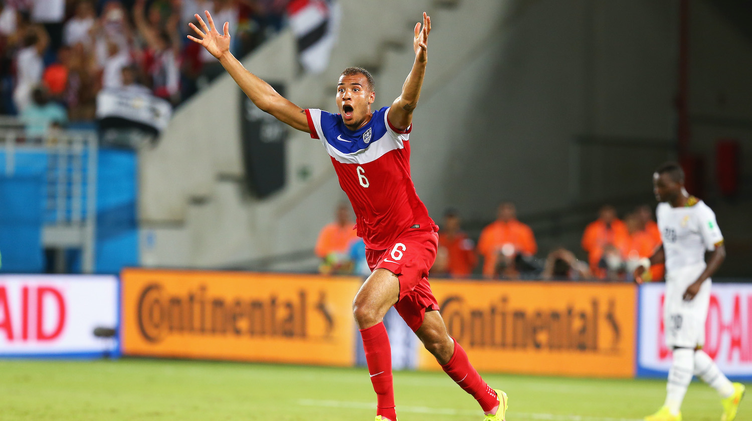 NATAL, BRAZIL - JUNE 16: John Brooks of the United States celebrates after scoring the team's second goal during the 2014 FIFA World Cup Brazil Group G match between Ghana and USA at Estadio das Dunas on June 16, 2014 in Natal, Brazil. (Photo by Alex Livesey - FIFA/FIFA via Getty Images)