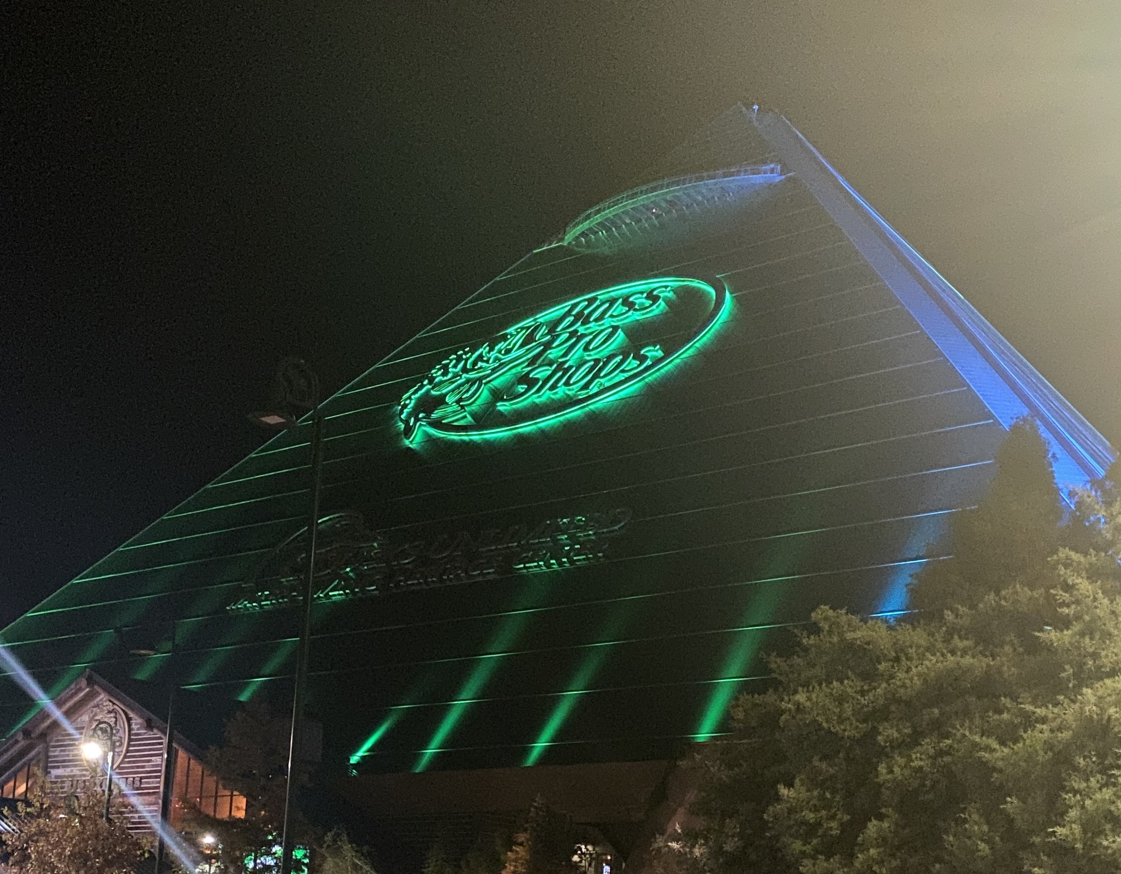 A photo of the Bass Pro Shops Pyramid at night