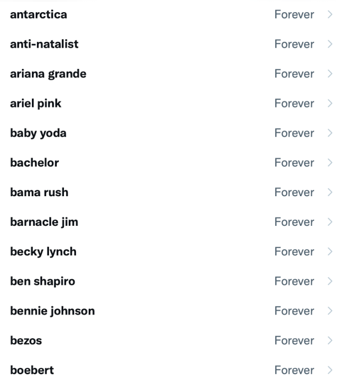 A list of muted Twitter keywords