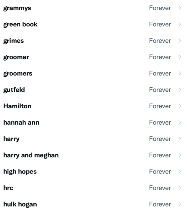 A list of muted Twitter keywords