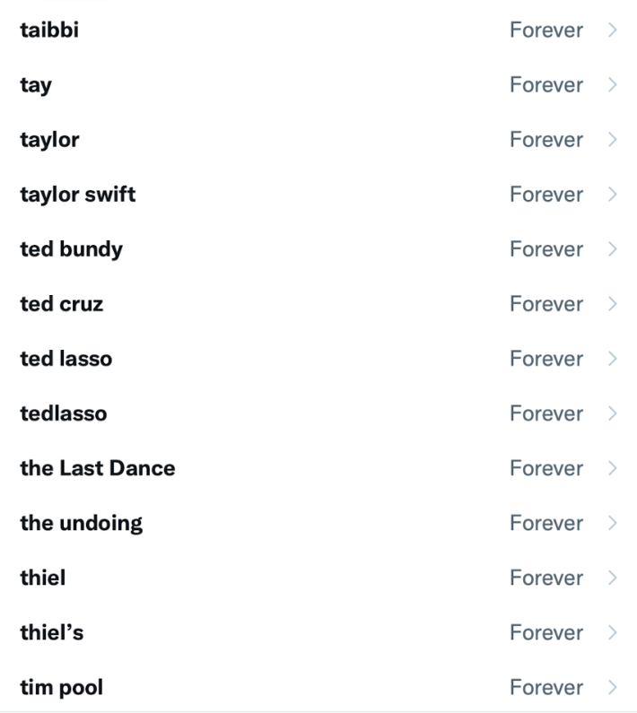 A list of muted Twitter keywords