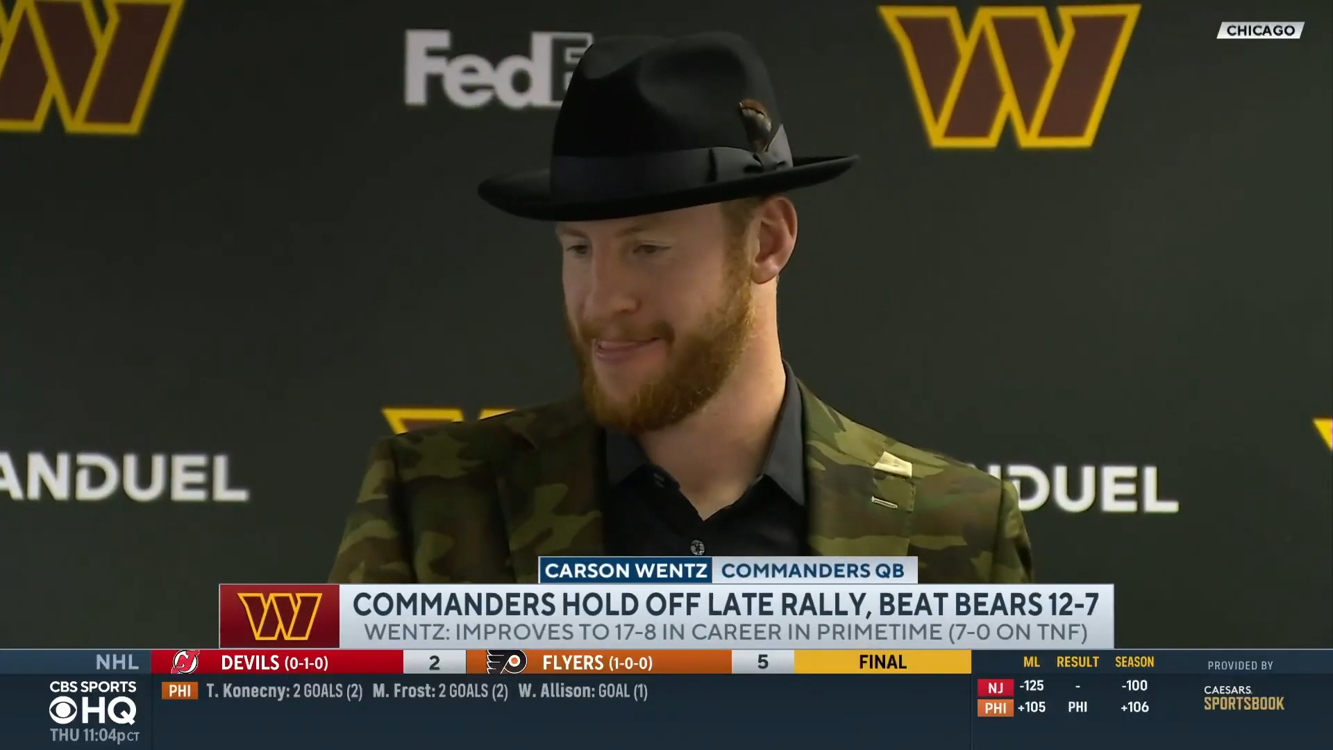 Carson Wentz dressed in a camo blazer and goofy hat after the Commanders' win.