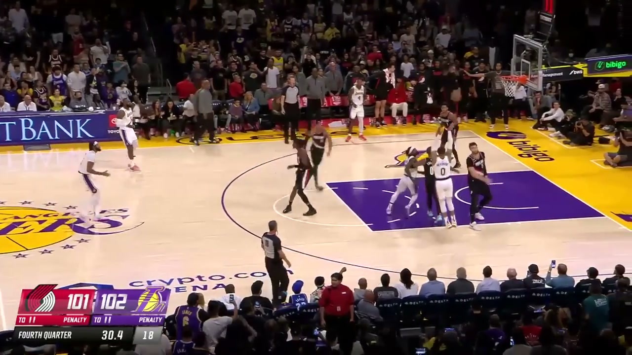 Russell Westbrook bricks a jumper late in Lakers-Blazers as teammates Anthony Davis and LeBron James wave their hands in frustration.