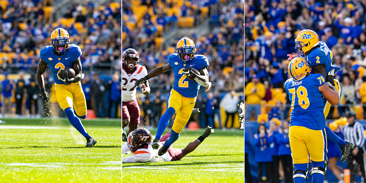 A triptych of Israel Abanikanda running for two touchdowns, and then celebrating