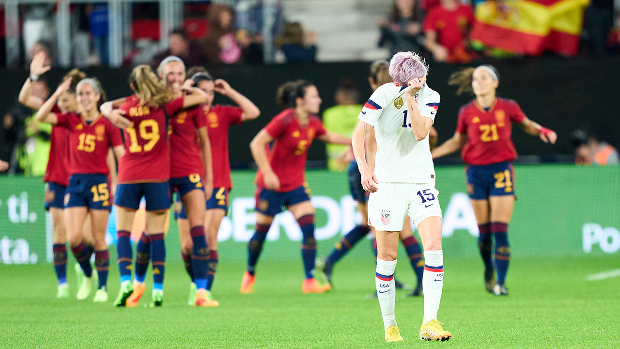PAMPLONA, SPAIN - OCTOBER 11: Megan Rapinoe of USA reacts during the Women's International Friendly match between Spain and USA at El Sadar Stadium on October 11, 2022 in Pamplona, Spain