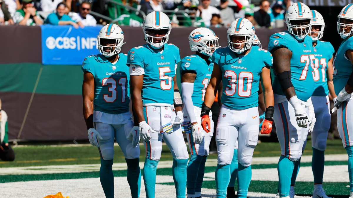 Miami Dolphins quarterback Teddy Bridgewater (5) looks an after being called for intentional grounding in the endzone during the first quarter of the National Football League game between the New York Jets and Miami Dolphins on October 9, 2022 at MetLife Stadium.