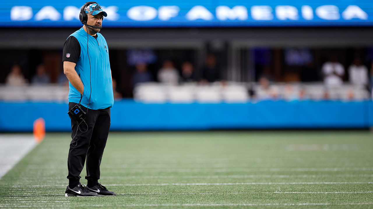 CHARLOTTE, NORTH CAROLINA - OCTOBER 02: Head coach Matt Rhule of the Carolina Panthers looks on during the second half of their game against the Arizona Cardinals at Bank of America Stadium on October 02, 2022 in Charlotte, North Carolina.