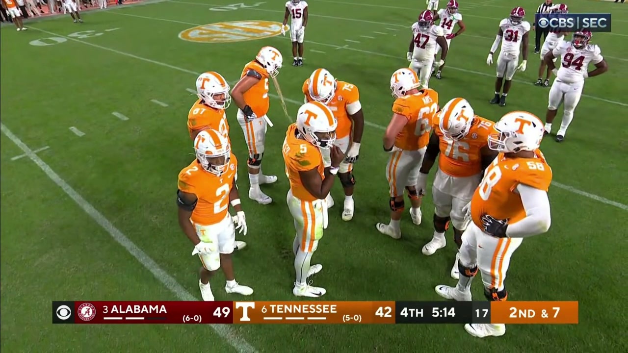 Tennessee offensive tackle Jeremiah Crawford vomits in the direction of the Alabama defensive line late in the Vols' 52-49 win.