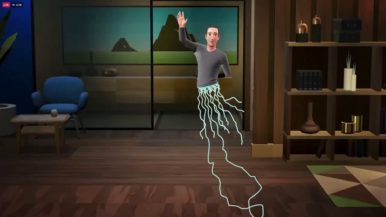 Mark Zuckerberg's metaverse avatar waving a bland hello except his bottom half is long trailing jellyfish tentacles