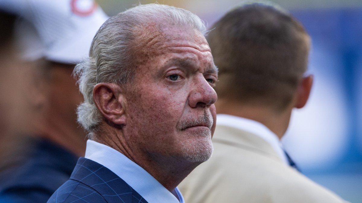 INDIANAPOLIS, IN - AUGUST 24: Indianapolis Colts owner Jim Irsay on the field before the week 3 NFL preseason game between the Chicago Bears and Indianapolis Colts on August 24, 2019 at Lucas Oil Stadium, in Indianapolis, IN. (Photo by Zach Bolinger/Icon Sportswire via Getty Images)