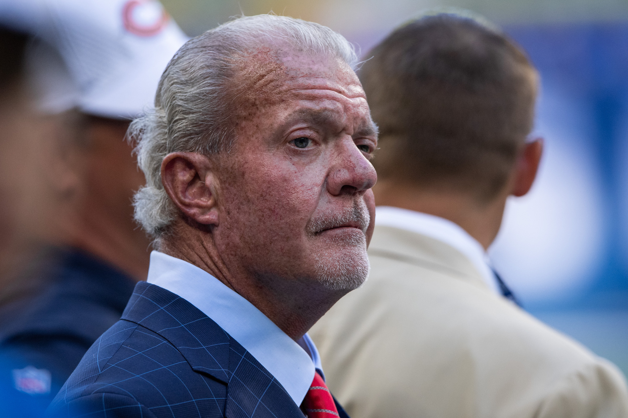 INDIANAPOLIS, IN - AUGUST 24: Indianapolis Colts owner Jim Irsay on the field before the week 3 NFL preseason game between the Chicago Bears and Indianapolis Colts on August 24, 2019 at Lucas Oil Stadium, in Indianapolis, IN. (Photo by Zach Bolinger/Icon Sportswire via Getty Images)