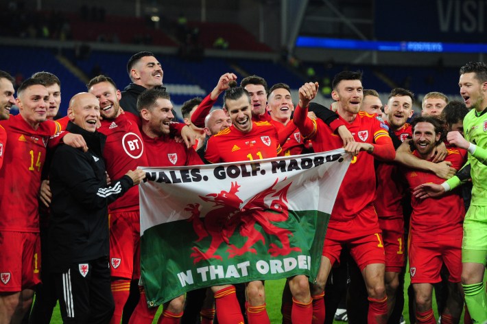 Wales Team celebrates at full time during the UEFA Euro 2020 Group E Qualifier match between Wales and Hungary at the Cardiff City Stadium on November 19, 2019 in Cardiff, Wales.
