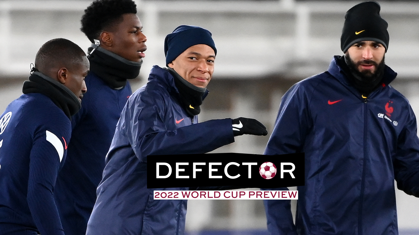 France's national football team forwards Kylian Mbappe (C) and Karim Benzema (R) attend a training session at the Olympic Stadium in Helsinki on November 15, 2021, on the eve of the FIFA 2022 World Cup Qatar qualifying Group D football match between Finland and France.