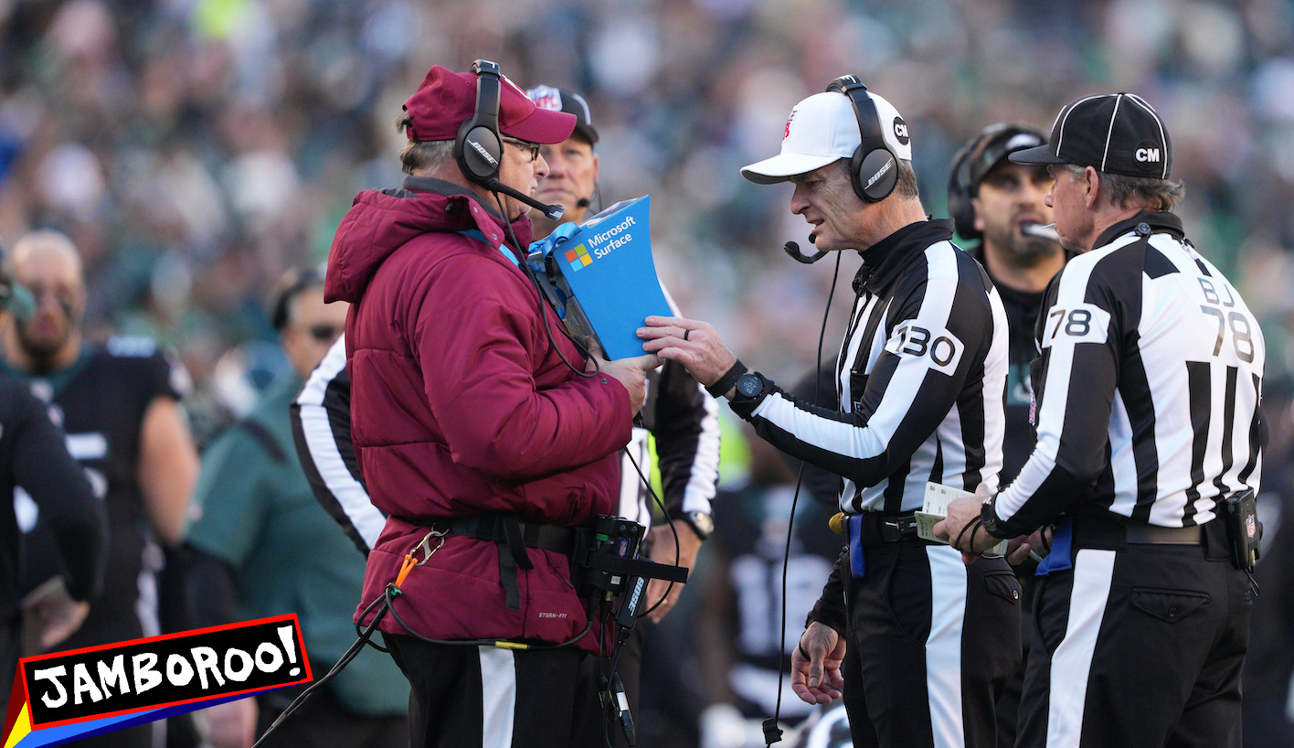 PHILADELPHIA, PA - DECEMBER 26: Referee Land Clark (130) looks at a replay for the second time during the game between the New York Giants and the Philadelphia Eagles on December 26, 2021 at Lincoln Financial Field in Philadelphia, PA. (Photo by Andy Lewis/Icon Sportswire via Getty Images)