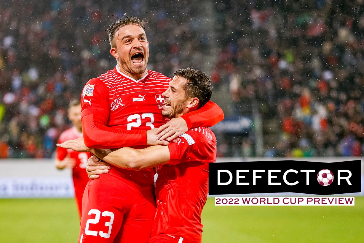 Xherdan Shaqiri of Switzerland (L) celebrates Remo Freuler of Switzerland (R) for his goal during the UEFA Nations League League A Group 2 match between Switzerland and Czech Republic at Kybunpark on September 27, 2022 in St Gallen, Switzerland.