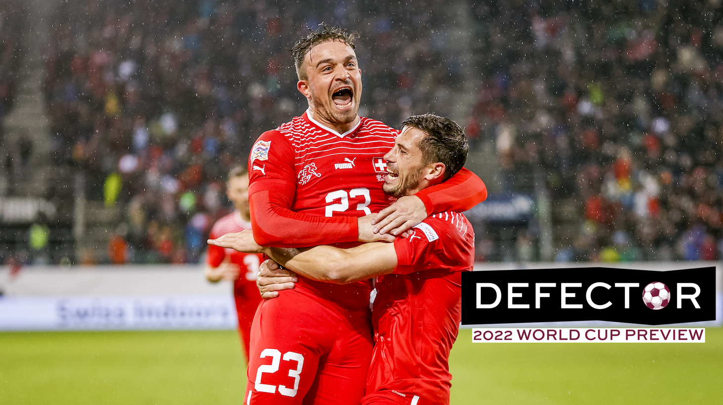 Xherdan Shaqiri of Switzerland (L) celebrates Remo Freuler of Switzerland (R) for his goal during the UEFA Nations League League A Group 2 match between Switzerland and Czech Republic at Kybunpark on September 27, 2022 in St Gallen, Switzerland.