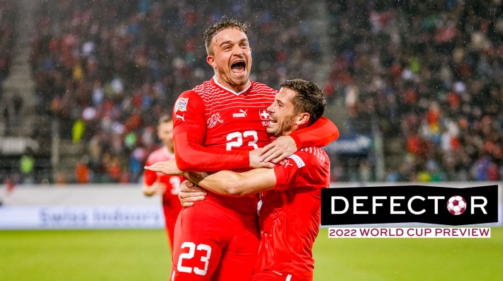 Xherdan Shaqiri of Switzerland (L) celebrates Remo Freuler of Switzerland (R) for his goal during the UEFA Nations League League A Group 2 match between Switzerland and Czech Republic at Kybunpark on September 27, 2022 in St Gallen, Switzerland.