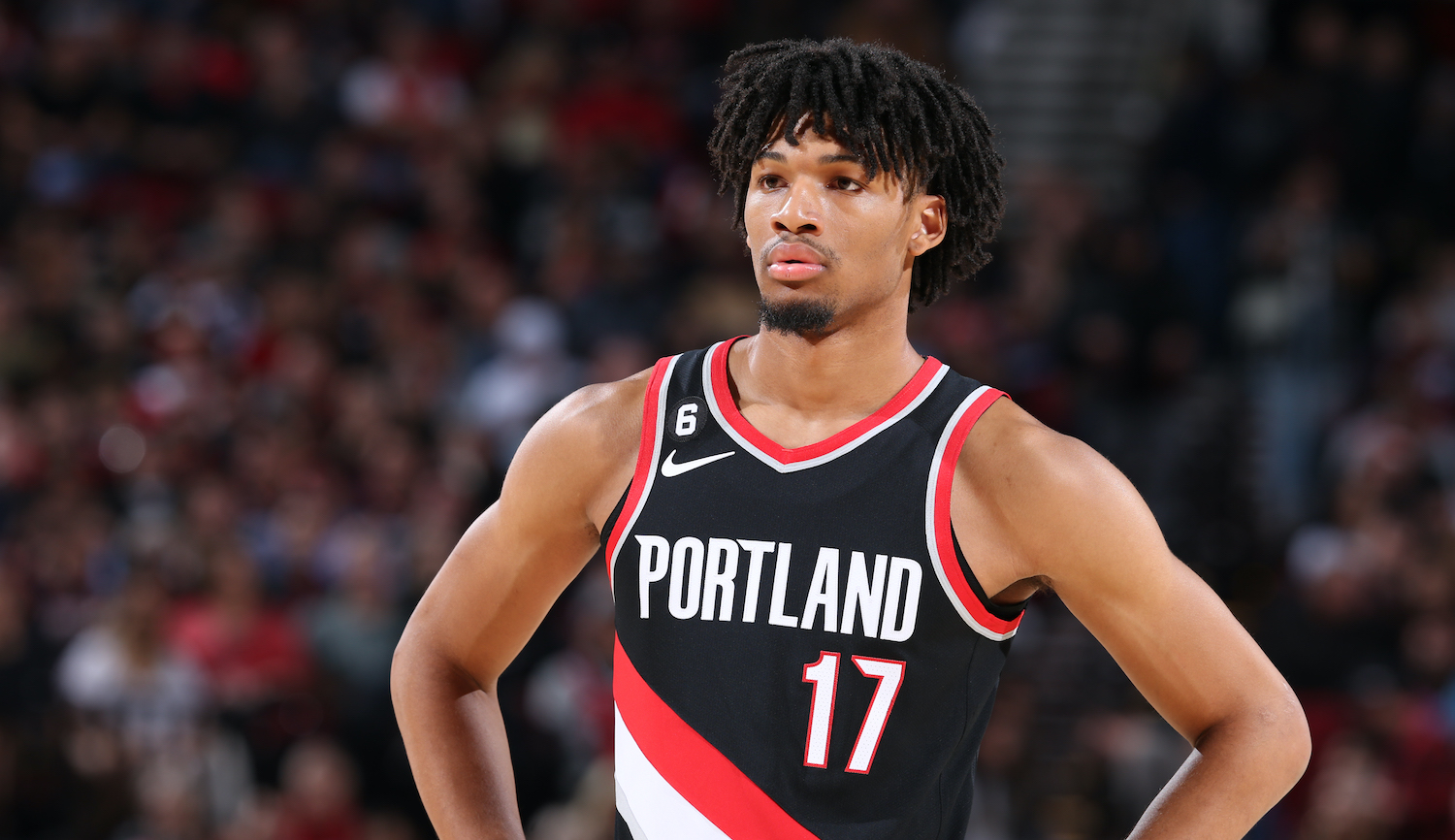 PORTLAND, OR - OCTOBER 26: Shaedon Sharpe #17 of the Portland Trail Blazers looks on during the game against the Miami Heat on October 26, 2022 at the Moda Center Arena in Portland, Oregon. NOTE TO USER: User expressly acknowledges and agrees that, by downloading and or using this photograph, user is consenting to the terms and conditions of the Getty Images License Agreement. Mandatory Copyright Notice: Copyright 2022 NBAE (Photo by Sam Forencich/NBAE via Getty Images)