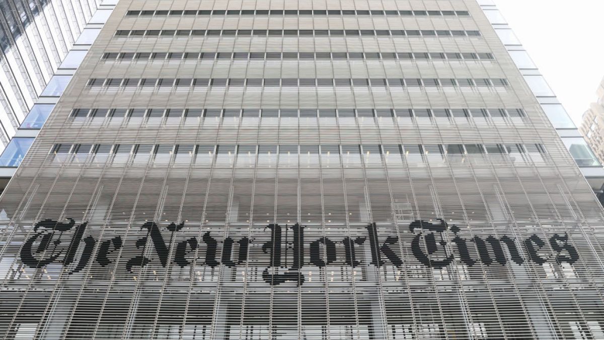 The New York Times logo on its building