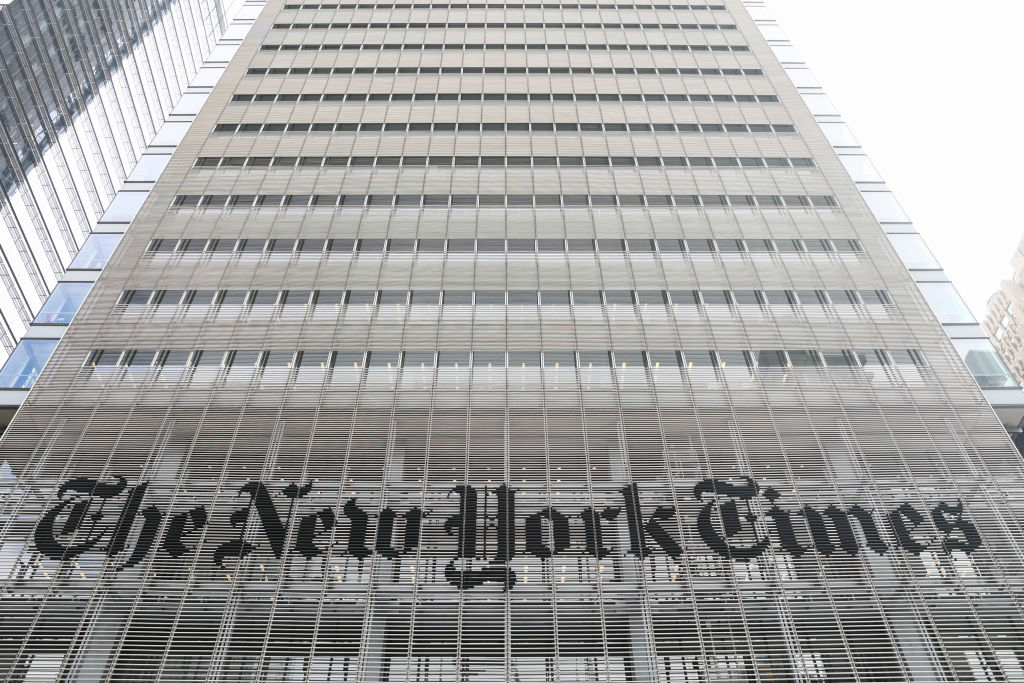 The New York Times logo on its building