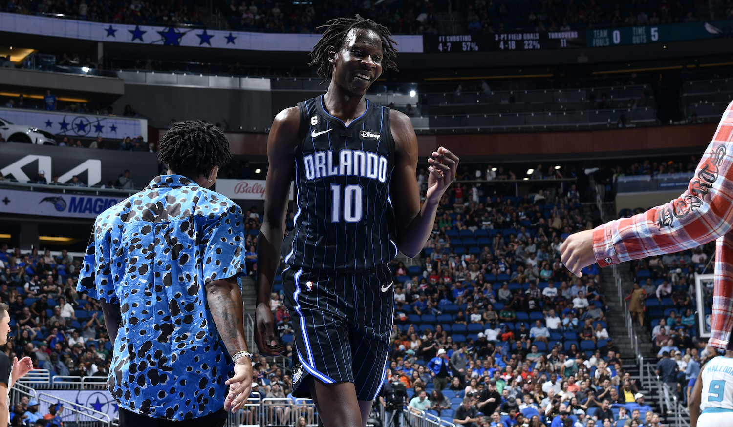 ORLANDO, FL - OCTOBER 28: Bol Bol #10 of the Orlando Magic smiles during the game against the Charlotte Hornets on October 28, 2022 at Amway Center in Orlando, Florida. NOTE TO USER: User expressly acknowledges and agrees that, by downloading and or using this photograph, User is consenting to the terms and conditions of the Getty Images License Agreement. Mandatory Copyright Notice: Copyright 2022 NBAE (Photo by Fernando Medina/NBAE via Getty Images)