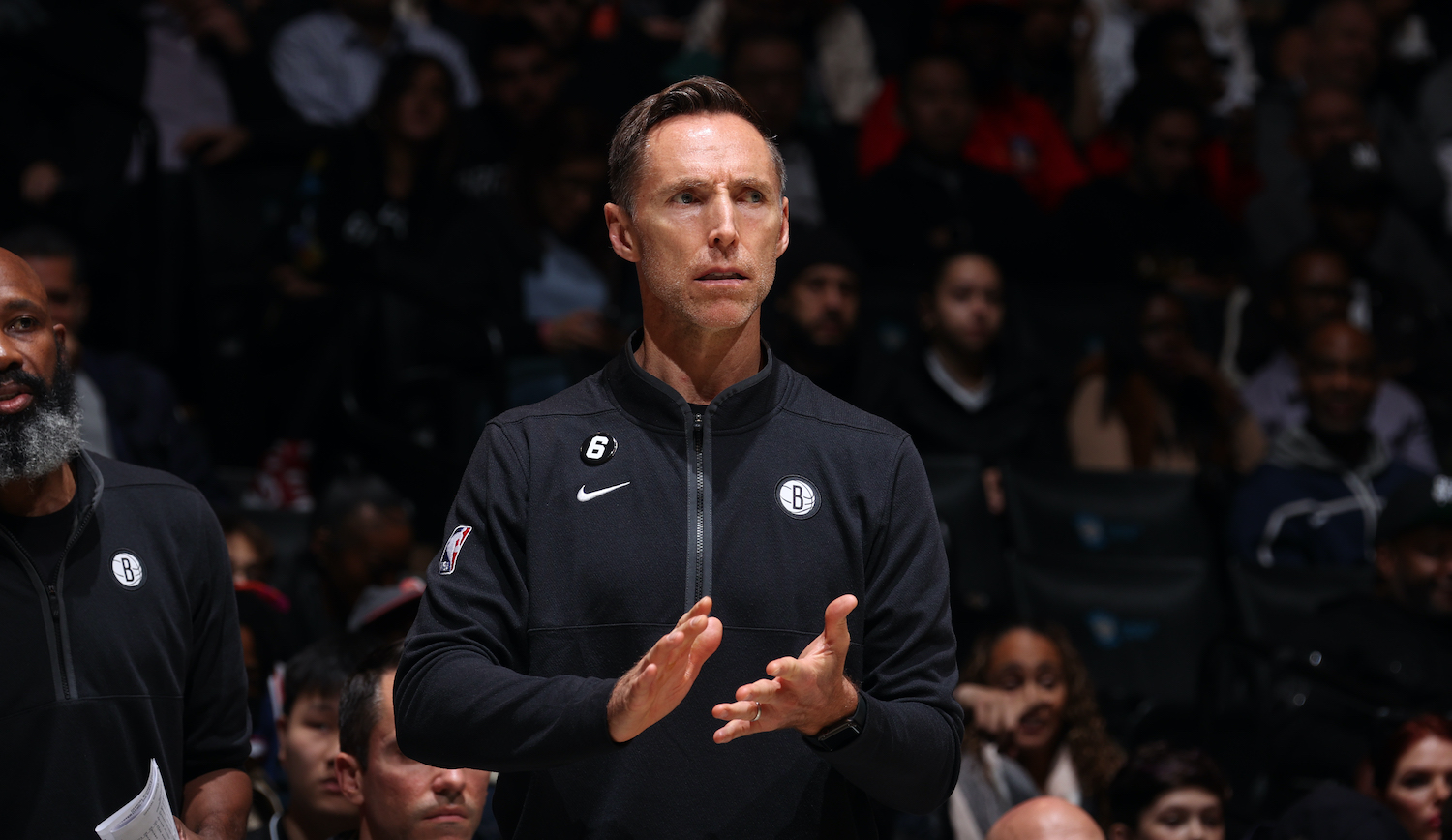 BROOKLYN, NY - OCTOBER 31: Head Coach Steve Nash of the Brooklyn Nets looks on during the game against the Indiana Pacers on October 31, 2022 at Barclays Center in Brooklyn, New York. NOTE TO USER: User expressly acknowledges and agrees that, by downloading and or using this Photograph, user is consenting to the terms and conditions of the Getty Images License Agreement. Mandatory Copyright Notice: Copyright 2022 NBAE (Photo by Nathaniel S. Butler/NBAE via Getty Images)