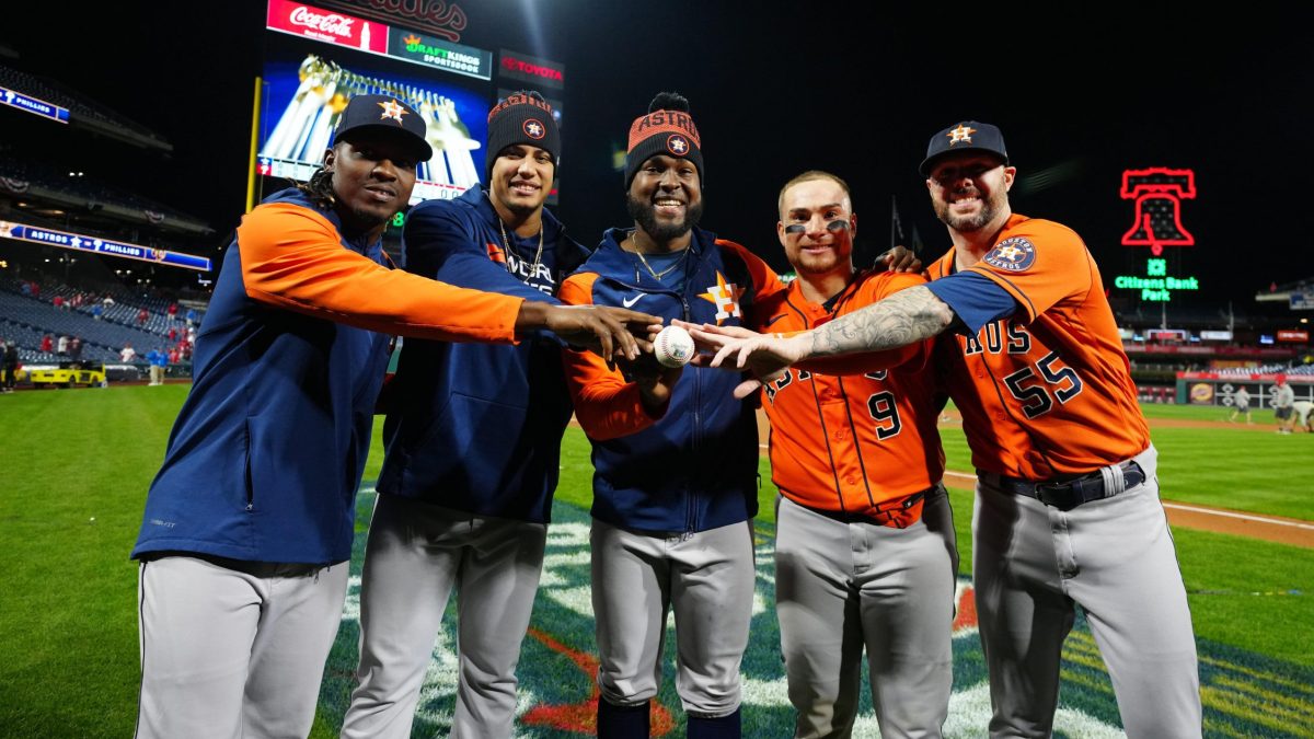 Rafael Montero #47, Bryan Abreu #52, Cristian Javier #53, Christian Vázquez #9 and Ryan Pressly #55 of the Houston Astros pose for a photo after their combined no-hitter