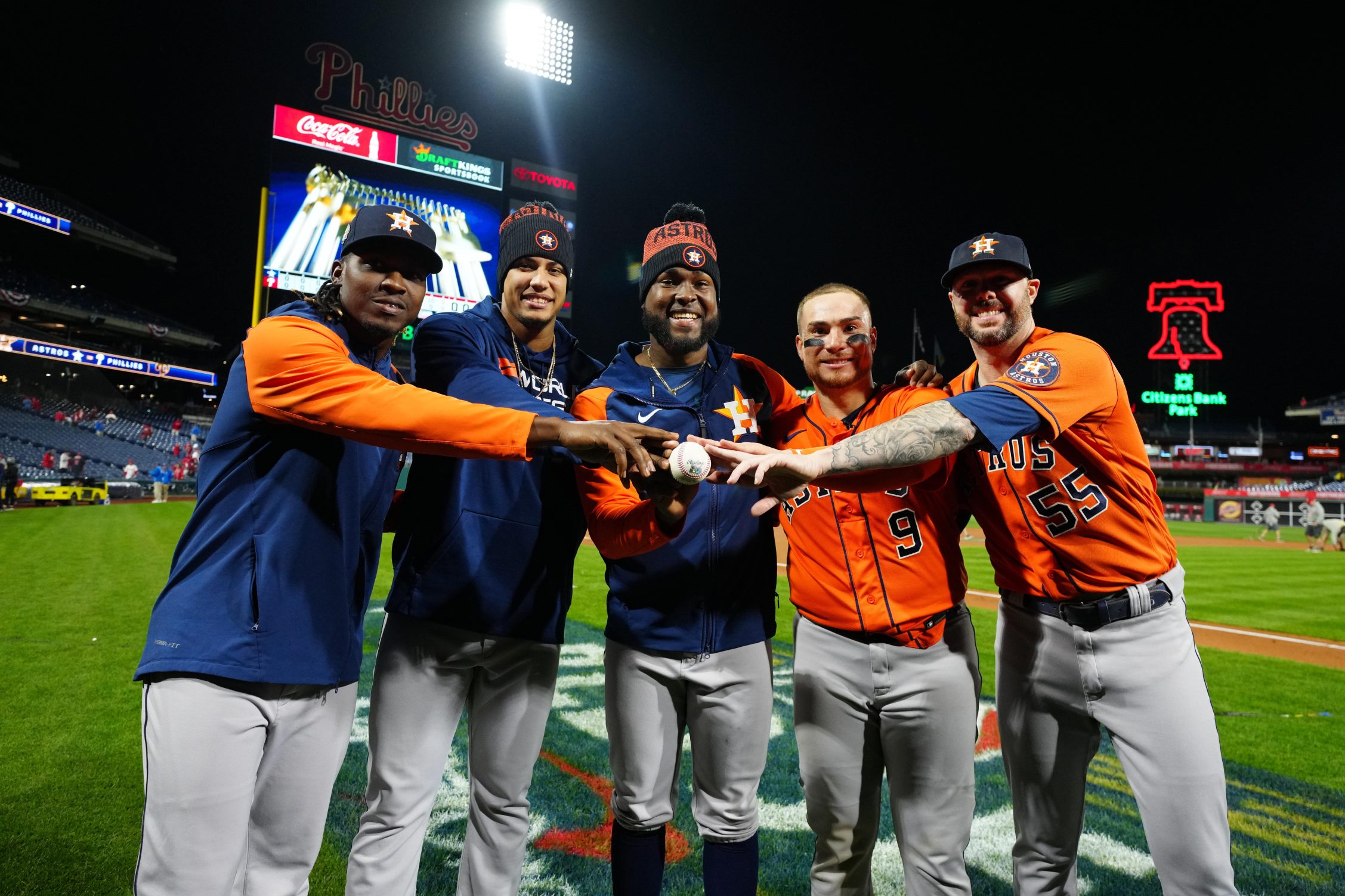 Rafael Montero #47, Bryan Abreu #52, Cristian Javier #53, Christian Vázquez #9 and Ryan Pressly #55 of the Houston Astros pose for a photo after their combined no-hitter