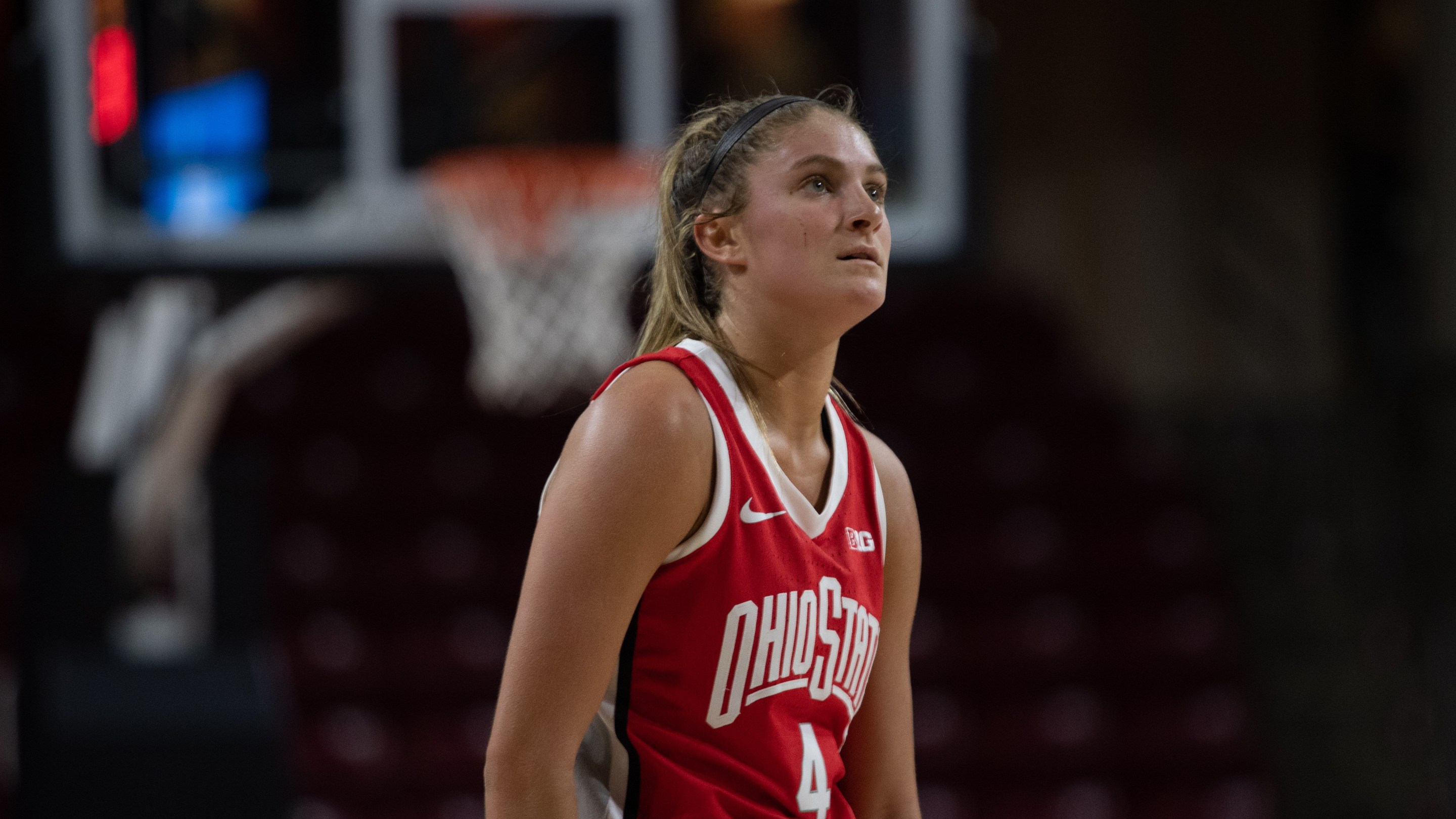 Ohio State Buckeyes guard Jacy Sheldon (4) looks on during a women's college basketball game between the Ohio State Buckeyes and the Boston College Eagles on November 13, 2022, at Conte Forum in Chestnut Hill, MA.