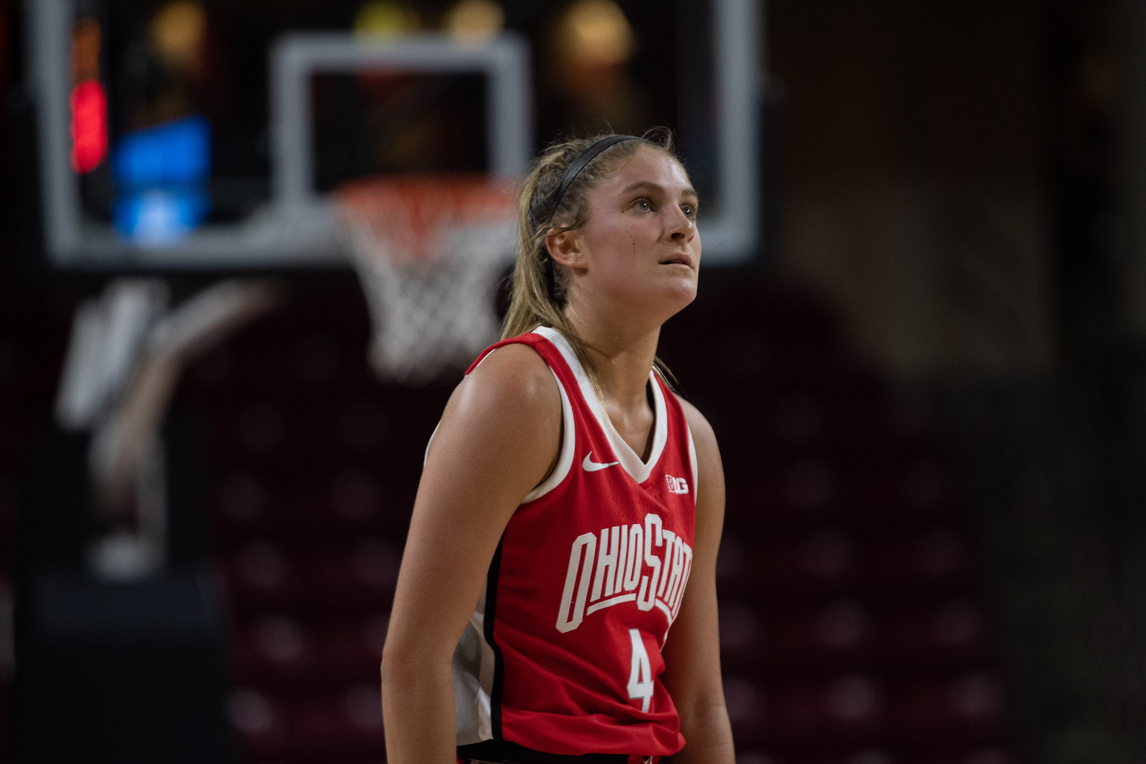 Ohio State Buckeyes guard Jacy Sheldon (4) looks on during a women's college basketball game between the Ohio State Buckeyes and the Boston College Eagles on November 13, 2022, at Conte Forum in Chestnut Hill, MA.