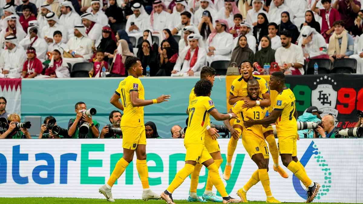 Enner Valencia of Ecuador , Celebrates the 0:1 goal, which was pulled back for offside during the FIFA World Cup Qatar 2022 Group A match between Qatar and Ecuador at Al Bayt Stadium on November 20, 2022 in Al Khor, Qatar.