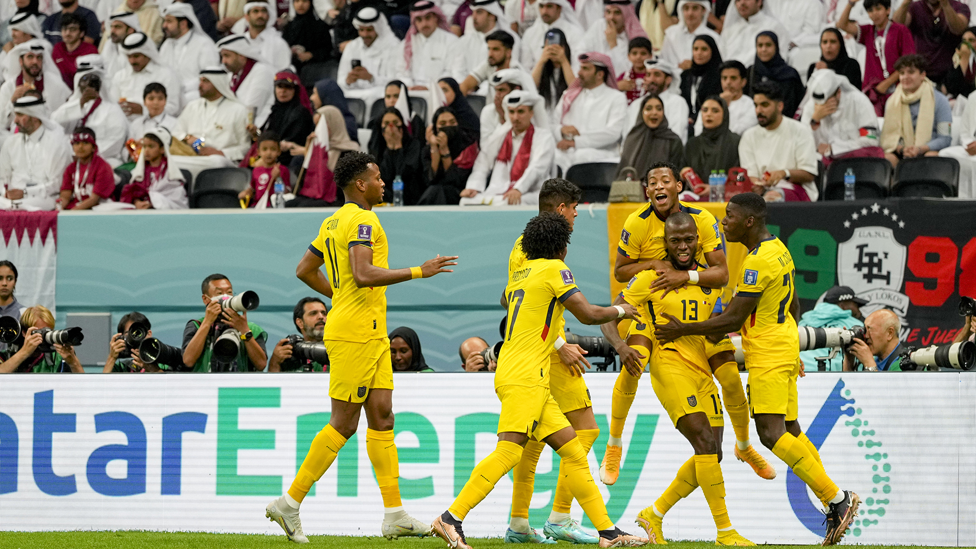 Enner Valencia of Ecuador , Celebrates the 0:1 goal, which was pulled back for offside during the FIFA World Cup Qatar 2022 Group A match between Qatar and Ecuador at Al Bayt Stadium on November 20, 2022 in Al Khor, Qatar.